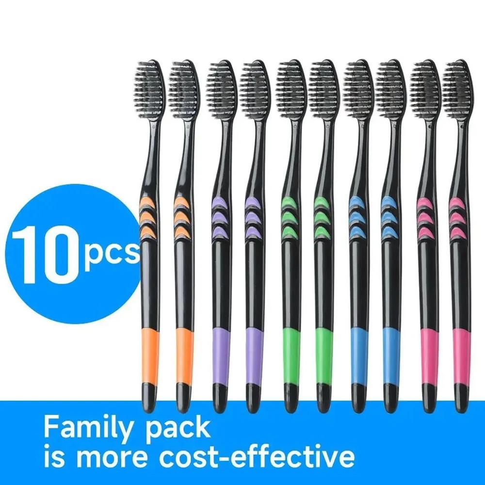 Bamboo Toothbrush - แปรงสีฟันถ่านไม้ไผ่ ขนแปรงนุ่ม แพ็คครอบครัว 10 ชิ้น แปรงสีฟันสำหรับเดินทาง