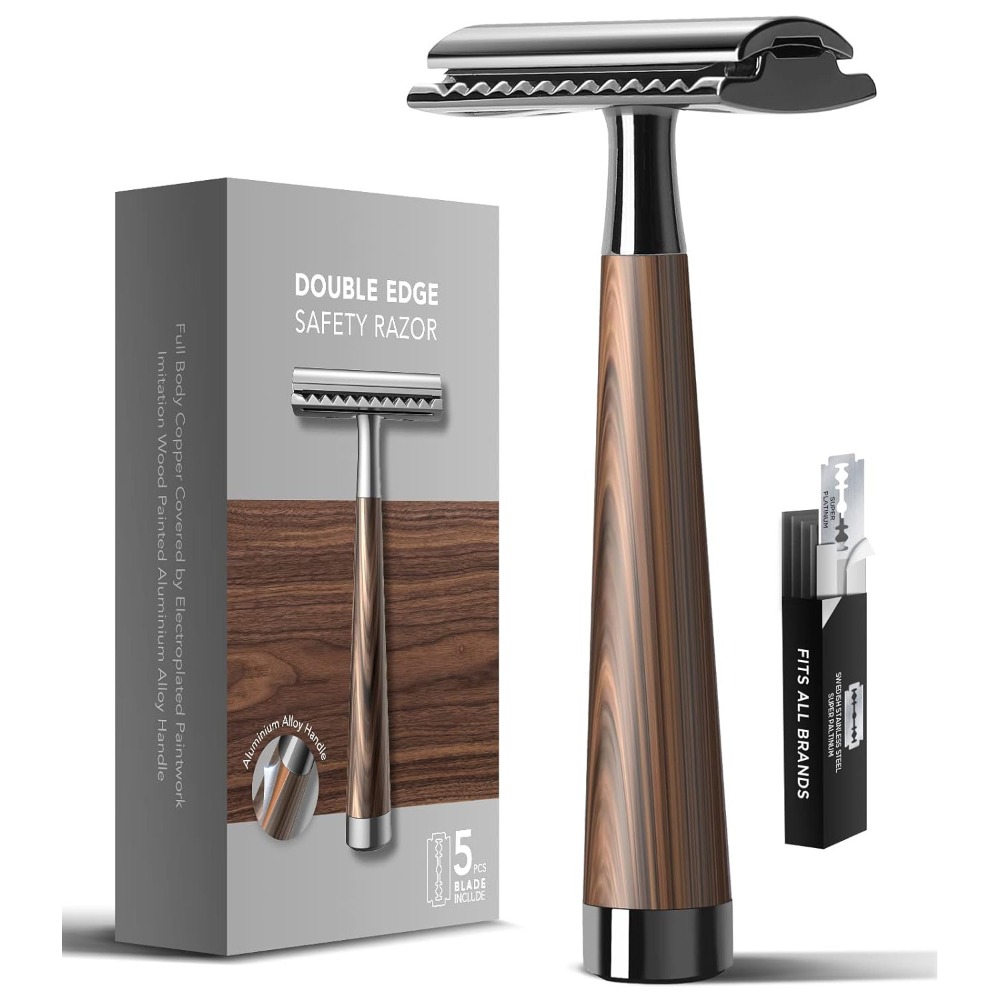 Safety Razor Handle - มีดโกนหนวดแบบสองคมสำหรับผู้ชายมืออาชีพ ด้ามจับโลหะผสมสังกะสีลายไม้เทียม พร้อมใบมีดสแตนเลสสวิส 5 ใบ