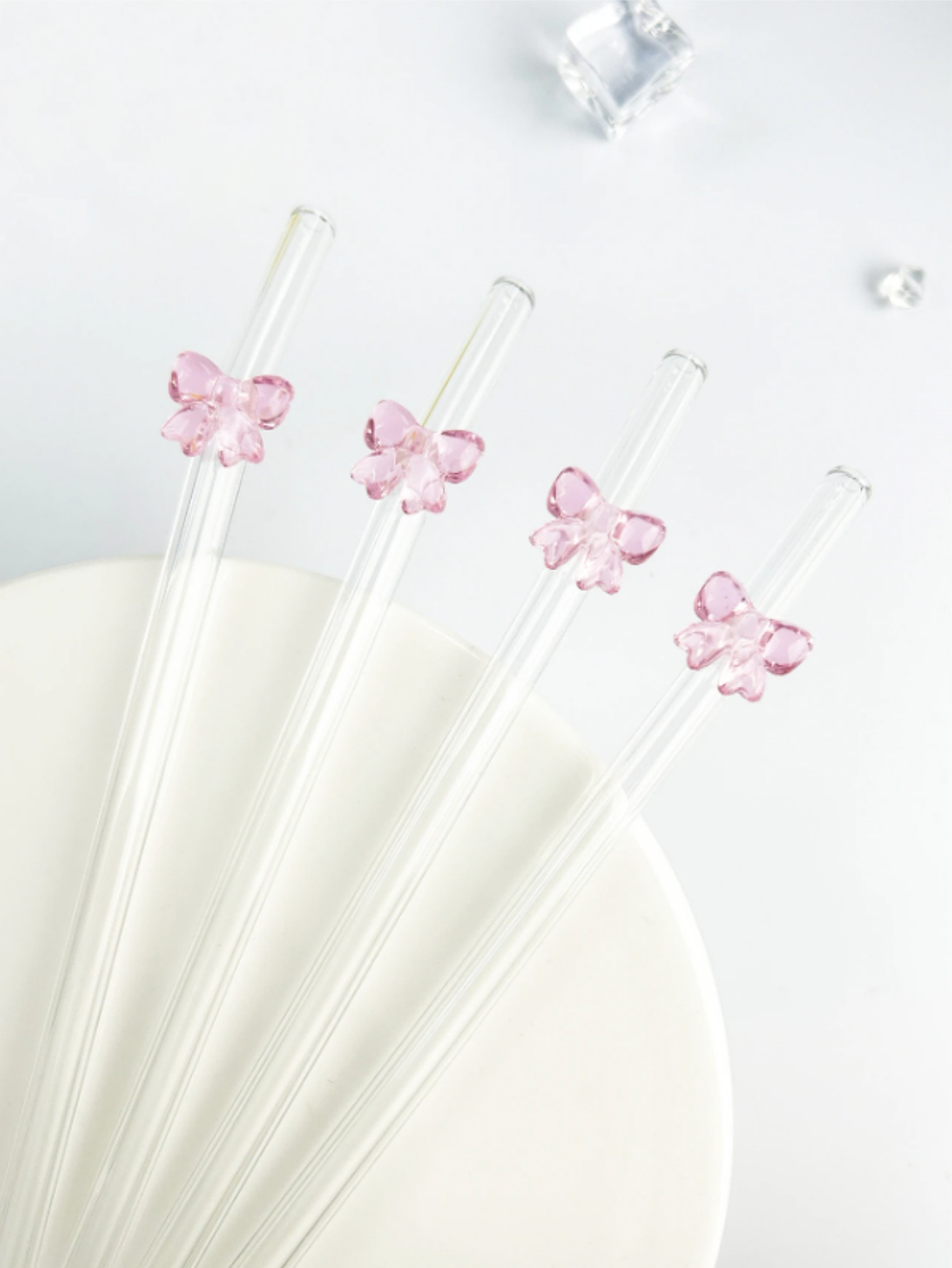 Reusable Straw - หลอดแก้วลายการ์ตูนน่ารักสีชมพู 1/6 ชิ้น พร้อมโบว์ผูก หลอดแก้วแบบโค้งงอ ใช้ซ้ำได้