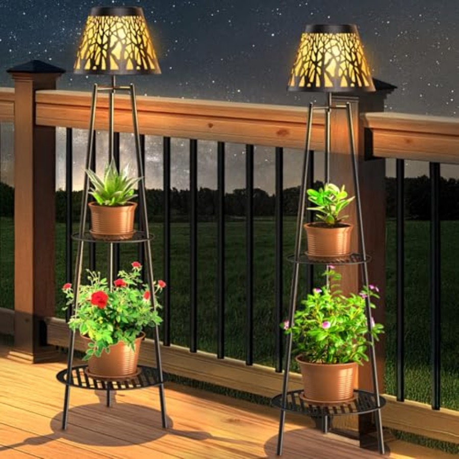 Solar Garden Light - โคมไฟตั้งพื้นพลังงานแสงอาทิตย์สำหรับกลางแจ้ง 2 ชิ้น พร้อมขาตั้งต้นไม้ ไฟสวนโลหะกันน้ำ พร้อมชั้นวาง